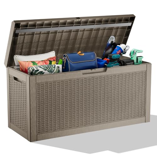 ROJIK Outdoor Storage Housing Deck Box,Waterproof Patio Furniture, Garden Tools, Cushions, Pool Accessories Storage Bench with Lockable Lid and Side Handles (Grey,60 Gallon) - color: Grey, size: 60 Gallon