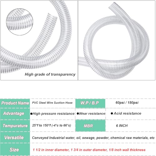 Wire Reinforced Hose 1-1/2" id - 5ft Clear High Pressure Suction Line Plastic Vinyl Tubing with Spiral Steel Wire Suction Hose, Drain Water Fuel Powder - size: 1-1/2"ID, style: 5 feet