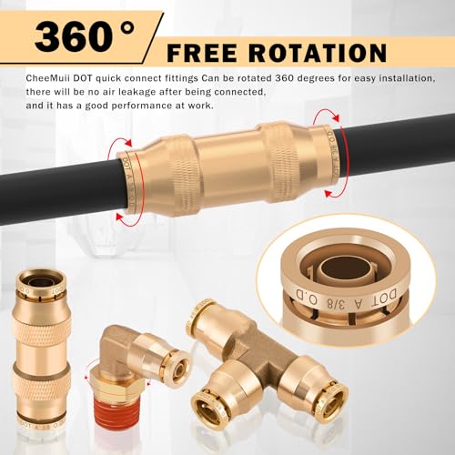 CheeMuii 112 PCS Brass DOT Air Line Fittings with 3 Roll 100FT 1/4" 3/8" 1/2" DOT Air Lines Kit Push Lock Air Fitting Quick Connect Air Fittings with Air Hose Pneumatic Tubing - size: 100FT-3ROLL-112PCS