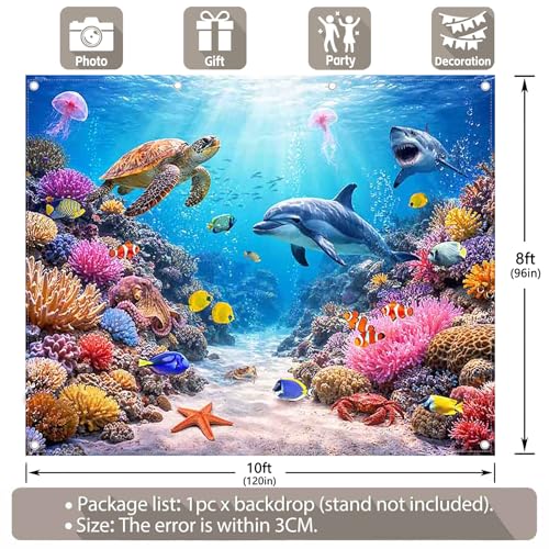 Fabric 10x8ft Under The Sea Photography Backdrop Ocean Underwater World Animals Tropical Fish Dolphin Turtle Mermaid Sunlight Background Kids Party Decorations Photo Props - size: 10'x8'
