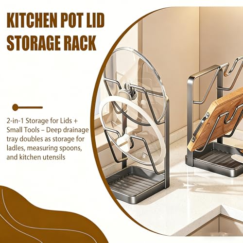 Kitchen Pot Lid Storage Rack, Pot Lid Holder & Organizer for Countertop with Removable Tray, Space Saving pot lid stand (Grey, Double-Layer) - color: Grey, size: Double-Layer