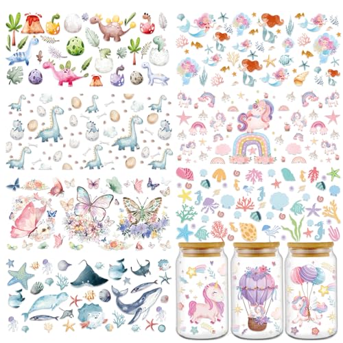 Rngmsi UV DTF Cup Wraps for 16 oz - 8 Sheets Animal UV DTF Cup Wrap Dinosaur Mermaid Sea Animal Waterproof UV DTF Wraps for Glass Cups Wood Crafts - style: Animal