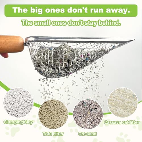 XBX Cat Litter Scoop with Holder, Metal Mesh Litter Scoop with Beech Wood Grip,Stainless Steel Litter Scooper with Fine Holes, Easy Sifting Litter Box Cleaning Tool