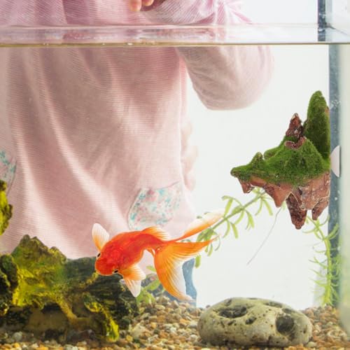 POPETPOP Floating Aquarium Rock Decorations, Set of 2 Suspended Moss Stones for Fish Tank, Avatar Style Floating Island Mountain, Yellow Ethereal Landscape Decor with Suction Cups