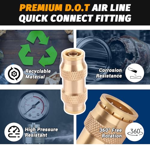 3/8" Dot Push-To-Connect Fittings (Three-eighth of an inch) Air Fittings Straight Union 3/8" Tube OD Brass Push Air Brake line fittings for Trucks Trailers and Industrial Use (4 Pack) - color: 4PCS DOT Push-to-Connect, size: 3/8" Od