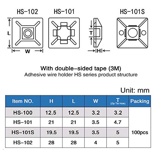 XHF 200 PCS 1/2" White Self Adhesive Cable Zip Tie Mounts Wire Cable Clips Holders Management Anchors Organizer Holders Squares(HS-100) - color: White, size: 1/2"-200pcs