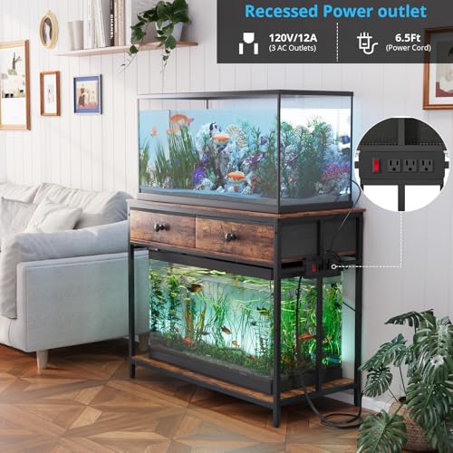 VOWNER 40 Gallon Aquarium Stand with Power Outlet, Metal Frame Fish Tank Stand with Cabinet Storage, Double Turtle Reptile Terrariums Tank Stand, 39.4" L*18.9" W Tabletop, 660LBS Capacity, Brown - color: Rustic Brown + Black