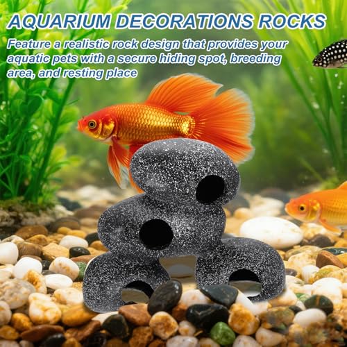 Aquarium Decorations Rocks, 6.9x2.8x5.5 Inch Betta Hide Resin Realistic Fish Tank Ornaments, 2Pcs(Grey), Intended for Small Fish/Shrimp/Guppy - size: 6.9x2.8x5.5 Inch