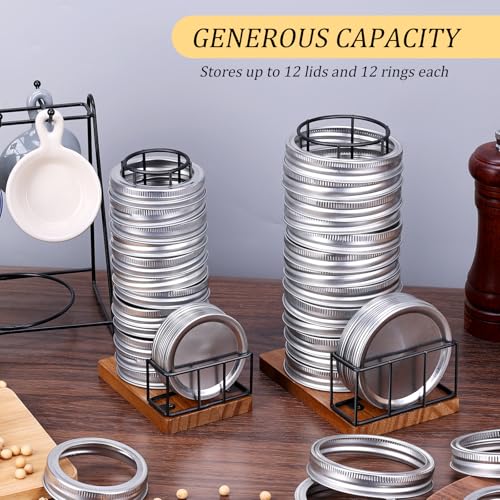 2PCS Mason Jar Lid Organizer & Holder (Wide Mouth & Regular Mouth) Iron Ball Jar Wooden Storage Accessories for Home Kitchen Organization Fit Mason/Canning/Bamboo Lids, Holds 20 Lids & 20 Rings