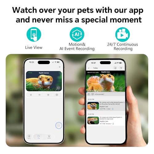 3MP 2K AI Reptile & Aquarium Camera with Angle Magnetic Mount, Close-Focus Lens for Fish Tank Terrarium Lizard Snake Pet, 2.4G&5GHz WiFi, 24/7 Recording, Anti-Glare & No Reflection