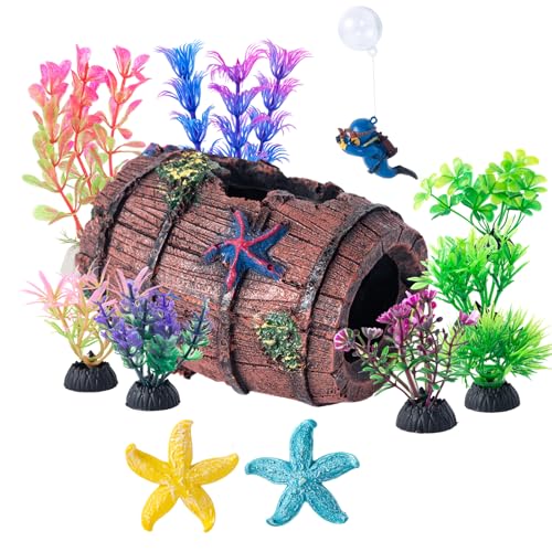 12 PCS Aquarium Decoration Broken Barrel Set, Plastic Aquarium Plants, Resin Floating Diver Fish Tank Decorations & Resin Starfish, Small Fish Tank Ornaments for Pet Fish to Hideout and Rest