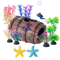 12 PCS Aquarium Decoration Broken Barrel Set, Plastic Aquarium Plants, Resin Floating Diver Fish Tank Decorations & Resin Starfish, Small Fish Tank Ornaments for Pet Fish to Hideout and Rest