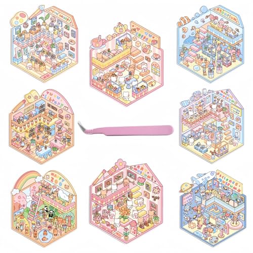 8 Sets Cute DIY 3D House Stickers with Tweezers,Fun 3D Sticker Scene Make Your Own Mini Cartoon Zoo Aquarium Library Coffee House Stickers for Gifts Therapy for Adult Relief Stress Pass The Time