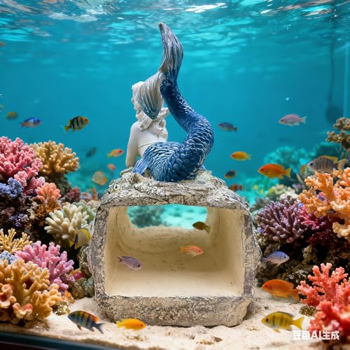 Teaeeno Faux Log Fish Cave Mermaid Statue Decor Predator Control and Decorative Shelter for Koi and Fish Ponds Aquariums and Terrariums Mermaid Decoration Sculpture - color: Blue
