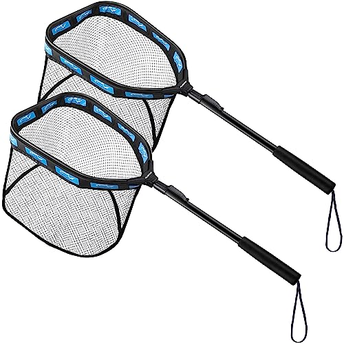 PLUSINNO Floating Fishing Net for Steelhead, Salmon, Fly, Kayak, Catfish, Bass, Trout Fishing, Rubber Coated Foldable Landing Net with Fixed or Telescoping Pole Handle, Fishing Gear and Gifts for Men - color: 2 Pack - 0.8M Blue