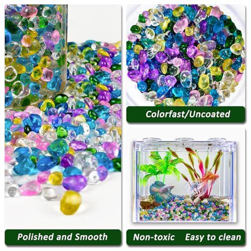 BXI 2.2 Lbs Small Aquarium Substrate Gravel Sand, Polished Smooth Fish Tank Gravel, Colorfast Uncoated Vibrant Blue Sea Glass, Decorative Stones for Vase Fillers, Fairy Garden, Potted Plants - color: Multicolored Glass Sand, size: 2.2 lbs, 0.24''-0.40''(M