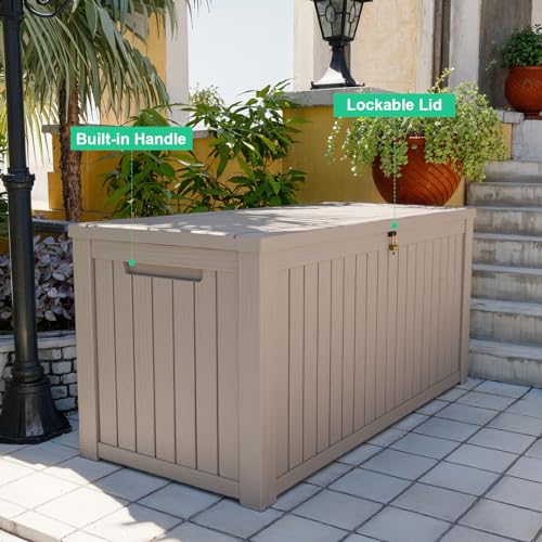 PatioZen 200 Gallon Resin Deck Box, Lockable Patio Outdoor Storage Box for Furniture, Garden Tools and Tools Storage, Waterproof Outside Storage Boxes - Grey - color: Grey, size: 200 Gallon
