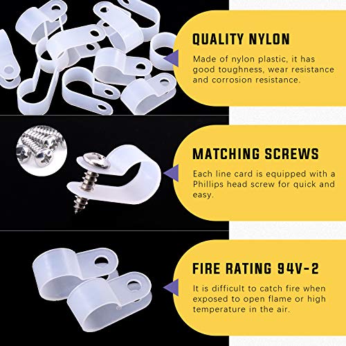 Swpeet 60 Pack White 1/2 Inch Nylon Plastic R-Type Cable Clips Clamp Kit, Nylon Screw Mounting Cord Fastener Clips with 60 Pack Screws for Wire Management (1/2 Inch, White) - color: White, size: 1/2 Inch