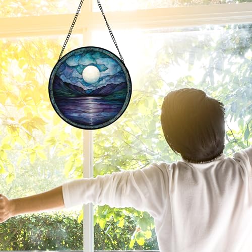 DASTOLL Stained Glass Window Hanging, Blue Night Moon Lake Sun Catchers Colorful Glass Panel Landscape Suncatcher Decor for Birthday for Women, Men, Wife, Aunt, and Mom 6.3 in - color: Blue and White, size: 6.3x6.3 IN