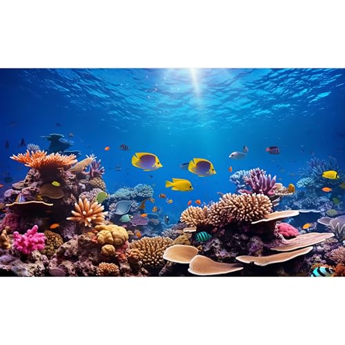 Underwater Coral Reef Haven Aquarium Background Under The Sea Colorful Tropical Fish Terrarium Background Deep Ocean Gorgeous Coral Reefs Marine Life Fish Tank Backdrop Wallpaper Poster 24x12in - color: Tropical Blue, size: 24(W)x12(H)in