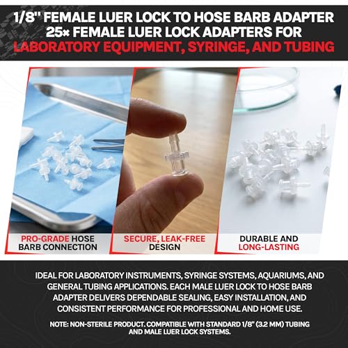 BleedZone Female Luer Lock Adapter 25 Pack, 1/8" Hose Barb Fitting PP Polypropylene, Luer Lock Connector Syringe Adapter for Fluid Transfer, Laboratory Equipment Bottle Transfer Connector Tubing Kit - style: Female 25x