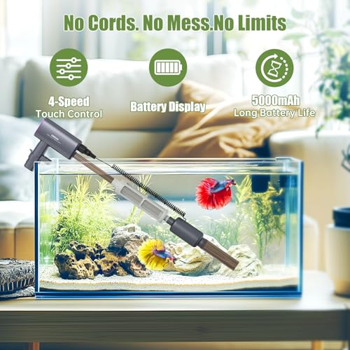 Cordless Aquarium Vacuum Gravel Cleaner: 6-in-1 Electric Fish Tank Cleaner, 36W Rechargeable & 650GPH Strong Suction Automatic Water Changer, Touch Control, Fits 5–150 Gallon Tanks
