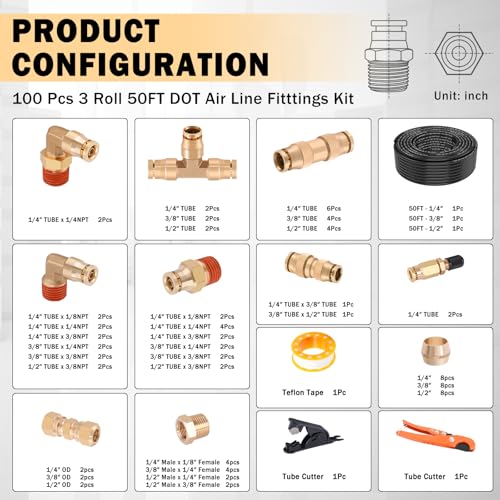 CheeMuii 100 PCS Brass DOT Air Line Fittings with 3 Roll 50FT 1/4" 3/8" 1/2" DOT Air Lines Kit Push Lock Air Fitting Quick Connect Air Fittings with Air Hose Pneumatic Tubing - size: 50FT-3ROLL-100PCS