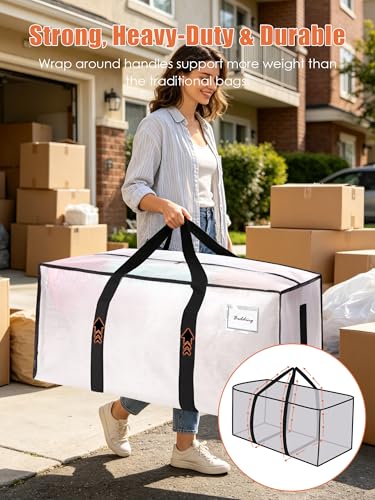 SWEET DOLPHIN 12 Pack 200LB Heavy-Duty Moving Bags with Wrap-Around Handles, Extra Large Storage Totes for Space Saving, Clothes Storage Bags, College Dorm Essentials, Semi-Transparent, 24 Gal - color: Semi-Transparent, size: 12 Pack - 24 Gal