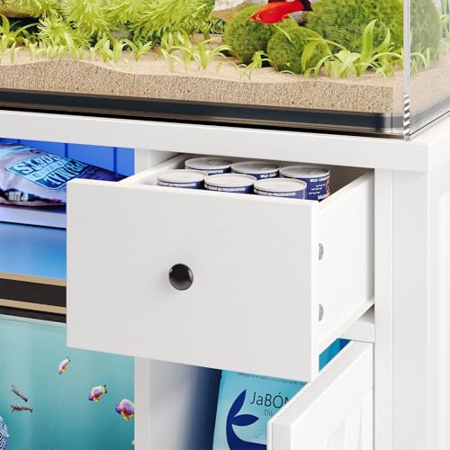 55-75 Gallon Fish Tank Stand with Power Outlet & LED Lights, 55 Gallon Aquarium Stand with Storage Drawers & Barn Doors, Heavy Duty Reptile Tank Cabinet for Turtle, Reptile Terrarium, White - color: White
