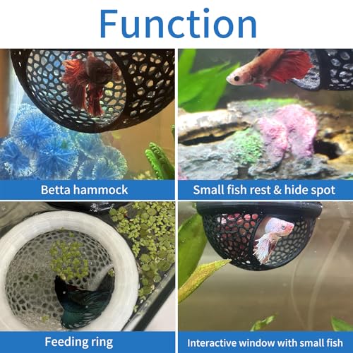 2 PCS Floating Betta Hammock,Betta Fish Tank Accessories, 3D Printed Aquarium Decor Floating Betta Hide with Feeding Ring Safe Resting Spot for Stress-Free Fish Tank(Black)