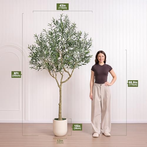 VeriNatural Artificial Olive Tree 8ft, Tall Faux Olive Trees with Planter, Potted Large Artificial Plants Indoor - Realistic Leaves & Fruits, Silk Fake Tree for Home Office Decor - size: 8ft