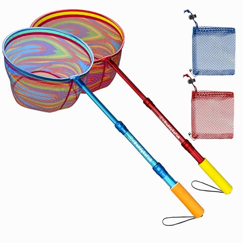 DaddyGoFish Kids Fishing Net - Extendable Telescopic Landing Net for Boy Girl Children Catching Small Fish Crab Shrimp Minnow Dragonfly Beach Pier Lake River Ocean - color: Style 1 (2 Pack, Blue + Red)