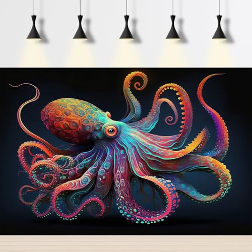 Exquisite Octopus Aquarium Background Abstract Colorful Octopus Terrarium Background Glowing Octopus on Black Background Fish Tank Backdrop Octopus Backdrops Poster Wallpaper Decors Vinyl 30x12in - color: Cartoon Purple, size: 30(W)x12(H)in