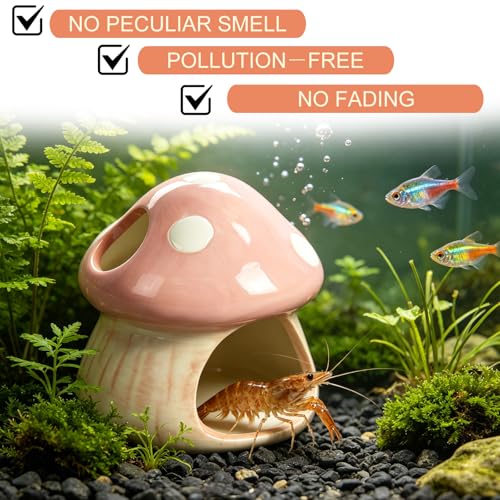 Ceramics Mushroom House Aquarium Decor, Betta Fish Tank Accessories Landscape Decoration, Small Shrimp Goldfishes Habitat Hut Pleco Smalland Breeding Hide Caves Toad House - Pink - color: Pink