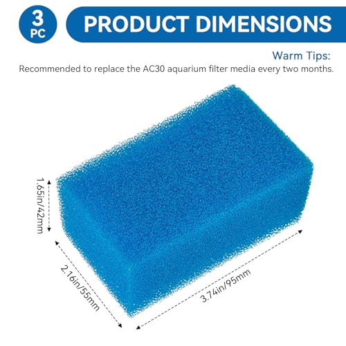 Bio-Foam for AC30 Power Filter - Replacement Aquarium Sponge Filter Media Foam Construction for Use in Freshwater & Saltwater Aquariums, 30PPI Sponge Pads (3 PCS)