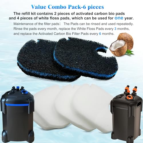 6 Pack Replacement Cotton White Floss and Activated Carbon Sponge Bio Filter Pads Refill for AMOSIJOY Aquarium Canister Filter, Compatible with PONDFORSE Canister Filter (Small for 172/225/265GPH) - size: Small for 172/225/265GPH