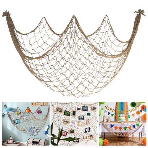 Fishing Net Decor for Party - 80x40 In Brown Fish Net Decorations Under The Sea Hawaiian Mermaid Pirate Beach Party Decorations, 3mm Natural Cotton Fishnet Ocean Nautical Themed Wall Table Decor - color: Caramel, size: Large - 1 Pack