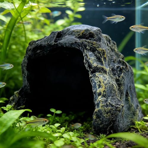 M2cbridge Aquarium Fish Hide Cave Reptile Hideout Cave Terrarium Amphibians Habitat Decor(Black Rock+ Water Dish) - style: Black Rock+ Water Dish