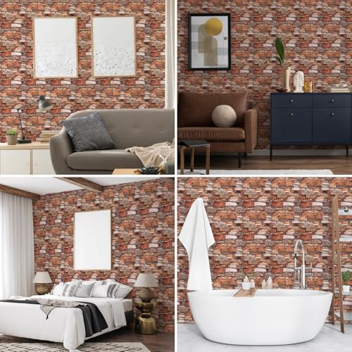 10 Pack 3D Wall Panels Peel and Stick, Waterproof Foam Stone 3D Wallpaper, Self Adhesive Foam Wallpaper for Bedroom Bathroom Kitchen (13.7 * 15.1in) - color: Red Brick, size: 10 Pack