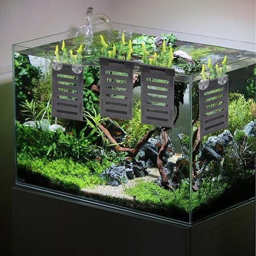 4 PCS Aquarium Plant Holder with 24 Hooks and 8 Suction Cups, Hanging Plant Holder for Fish Tank, Aquatic Plant Pots for Aquarium Decorations Plants, Hanging Aquatic Planter Cups (Black)