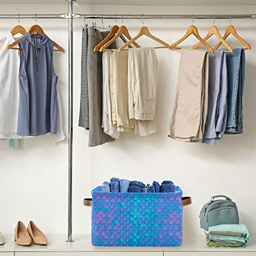 Blue Mermaid Scale Storage Baskets,Decorative Collapsible Rectangular Canvas Fabric Storage Bin for Home - color: Blue Mermaid Scale, size: 1 PCS