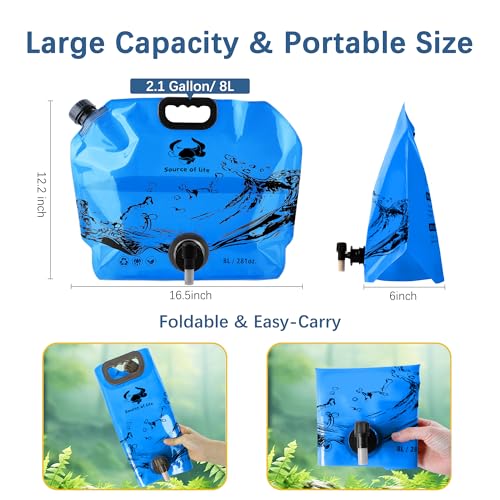 Water Jug Camping 2.1 Gallon Collapsible with Spigot, BPA Free Portable Water Pouch Foldable Water Bags for Outdoor Hiking, Travel and Emergency & Water Storage Containers (Blue-2Pcs) - color: Blue-2Pcs