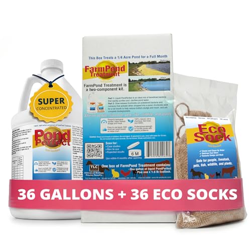 TLC Farm Pond Treatment – PondPerfect Liquid & EcoSock Dual System, Pond Bacteria for Larger Outdoor Ponds – 1 Box Treats Up to 1/4 Acre – 36 Gallon + 36 EcoSock - size: 36 Gallons + 36 EcoSocks