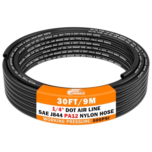 CheeMuii 30 FT 1/4 DOT Air Line 1/4" PA12 Nylon Pneumatic Tubing 9.1 Meter 1/4 Inch OD Pneumatic Air Tubing Pipe Hose Line for Semi Truck Trailer or Industrial Air System - color: Black, size: 1/4"OD-30FT