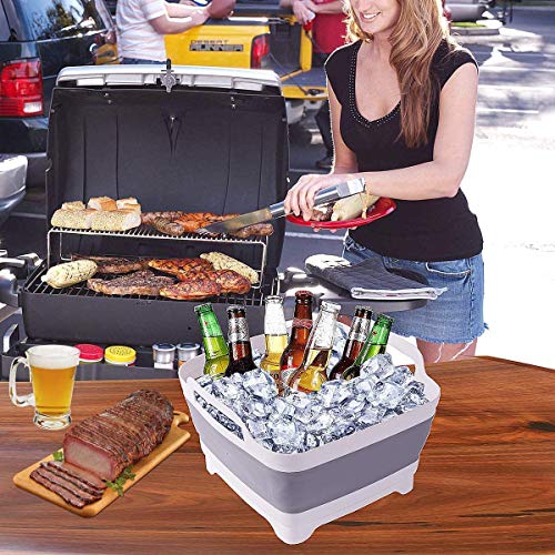 9L (2.4Gal) Dish Basin Collapsible with Drain Plug Carry Handles,Kitchen Storage Tray Dish Wash Basin, Portable Dish Tub, Foldable Dishpan for Camping,RV,Gray - color: Gray