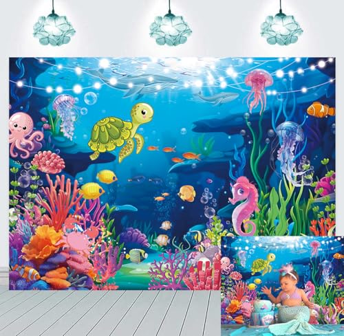 Under The Sea Photography Backdrop 7x5ft Underwater World Coral Reef Background for Ocean Theme Baby Shower Decorations Birthday Party Cake Table Decor Banner (7x5FT（210x150cm）) - size: 7 x 5 ft