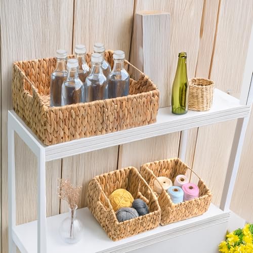 KOKODO Rectangular Wicker Storage Baskets for Shelves, Set of 3 Water Hyacinth Woven Bins with Handles, Open Front Pantry Shelf Organizer for Closet, Bedroom, Boho Decorative, Natural - color: Open Front - Set 3