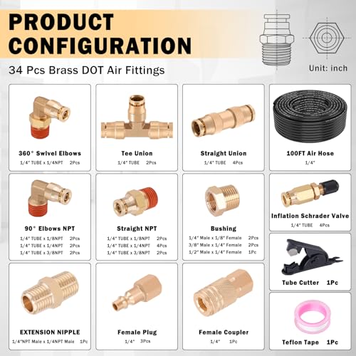 CheeMuii 100 FT 1/4" DOT Air Line with 34 Pcs Brass DOT Air Line Fittings Kit 30.5 Meter 1/4 Black Air Lines Service Kit with Push Lock Air Fitting Air Coupler & Plug Kit - color: black & gold, size: 1/4"100ft-37pcs