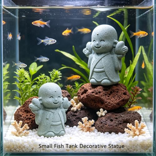 Praying Monk Statue Japanese Buddha Bosatsu Happy/Smiling Sandstone Ornament for Fish Tank Aquarium Bonsai Figures Feng Shui Decoration (A)