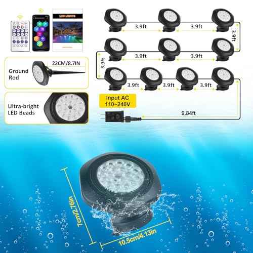 T-SUN Submersible RGB LED Pond Lights – IP68 Waterproof Fountain Lights with Smart App & Remote, 16 Million Colors Underwater Lighting for Koi Ponds/Garden Water Features Aquarium (10-Pack) - size: Set of 10